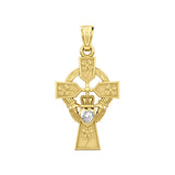 Claddagh Celtic Cross with Lucky Four Leaf Clover 14K Yellow Gold Pendant GPD5359