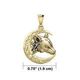 Wolf with Celtic Crescent Moon Solid Gold Pendant GPD5726