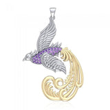 Multifaceted and Alighting Phoenix ~ Sterling Silver Jewelry Pendant with 14k Gold and Crystal Accents