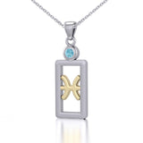 Pisces Zodiac Sign Silver and Gold Pendant with Aquamarine and Chain Jewelry Set MSE783 - Jewelry