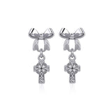 Ribbon with Dangling Celtic Cross Silver Post Earrings TER1864