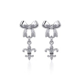 Ribbon with Dangling Fleur De Lis Silver Post Earrings TER1868