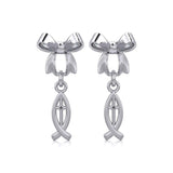 Ribbon with Dangling Christian Fish Silver Post Earrings TER1869