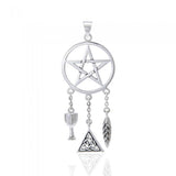 Pentacle Silver Pendant with Dangling Chalice Celtic and Feather