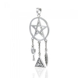Pentacle Silver Pendant with Dangling Chalice Celtic and Feather TPD4766
