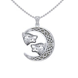 Double Wolf Heads with Celtic Crescent Moon Silver Pendant TPD5424 - Jewelry