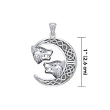 Double Wolf Heads with Celtic Crescent Moon Silver Pendant TPD5424 - Jewelry