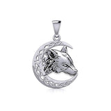 Wolf with Celtic Crescent Moon Silver Pendant TPD5726 - Jewelry