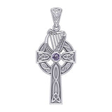 Celtic Knotwork Silver Cross with Harp Pendant TPD5865