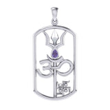 The Trishul Om Swastik Symbols Silver Pendant with Gemstone TPD7002