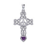 Celtic Heart in Cross Shape with Peace Symbol Silver Pendant with Heart Gemstone TPD7007