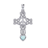 Celtic Heart in Cross Shape with Peace Symbol Silver Pendant with Heart Gemstone TPD7007