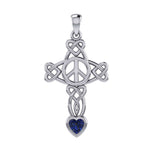 Celtic Heart in Cross Shape with Peace Symbol Silver Pendant with Heart Gemstone TPD7007