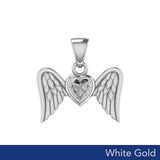 Gemstone Heart and Flying Angel Wings White Gold Pendant WPD5228