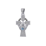 Celtic Cross and Irish Claddagh 14K White Gold Pendant with Heart Gemstone WPD5340