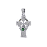 Celtic Cross and Irish Claddagh 14K White Gold Pendant with Heart Gemstone WPD5340