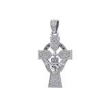 Celtic Cross and Irish Claddagh 14K White Gold Pendant with Heart Gemstone WPD5340