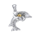 Gentle dolphins in steampunk ~ Sterling Silver Jewelry Pendant with 14k Gold Accent