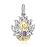 Yoga Lotus Position Silver and Gold Pendant with Gemstone MPD5024 - Jewelry